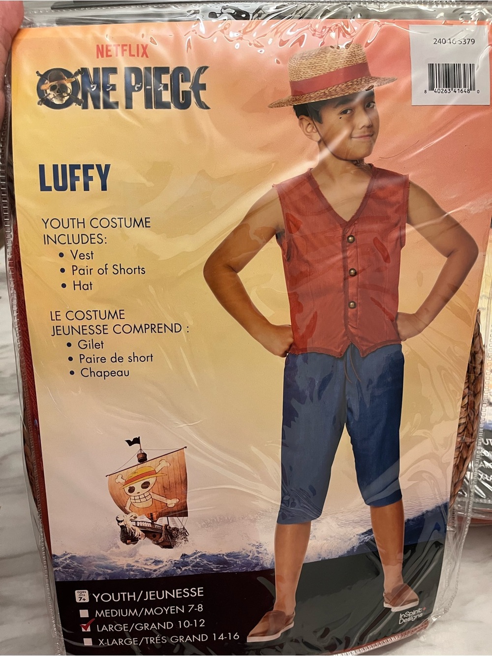 NWT One Piece Luffy Youth Costume Set Hat Vest Shorts Size Large 10-12